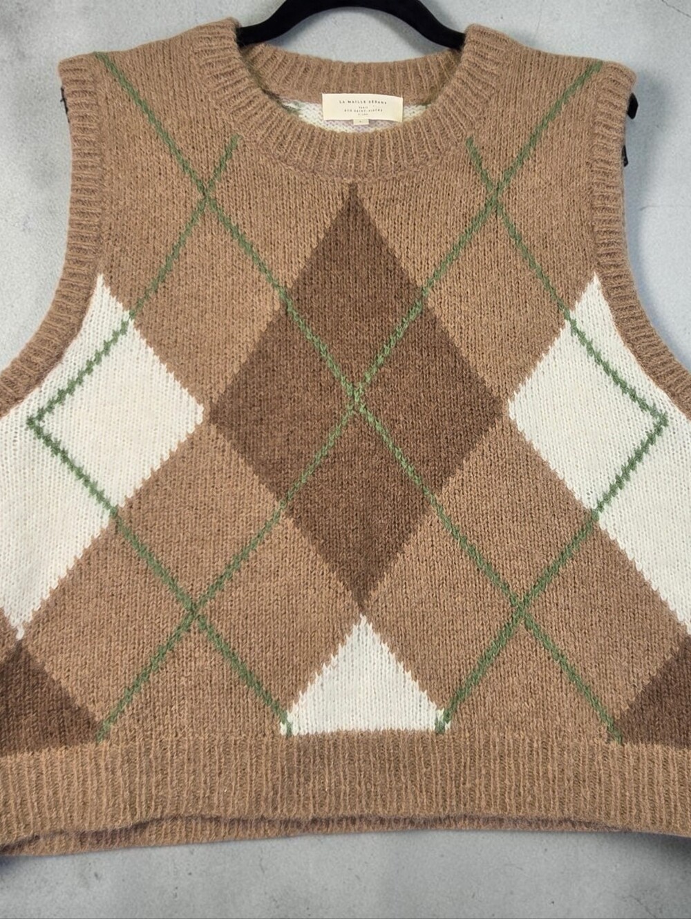 Sezane Sweater Vest Khaki Cream Argyle Crop Crew Neck Alpaca Blend Size Large - Picture 6 of 15